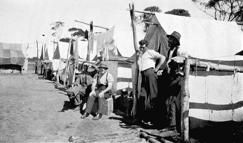 Survey camp for Millewa line, Red Cliffs district, circa 1920.