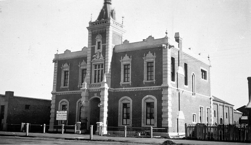[The Sale mechanics institute in the 1920s. This building, without its tower, is now part of the Macalister Secondary College.]
