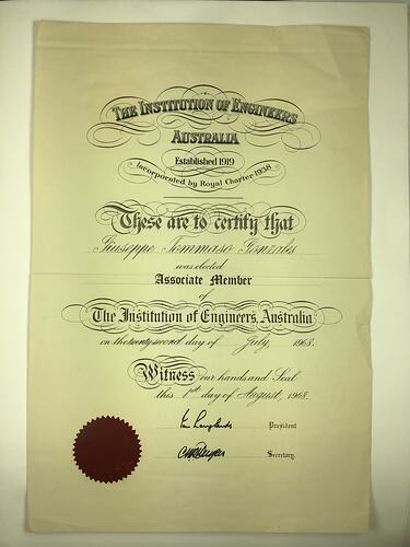 HT 56146, Membership Certificate - Giuseppe Gonzales, Institution of Engineers Australia, 22 Jul 1968 (MIGRATION), Document, Registered