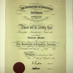Membership Certificate - Giuseppe Gonzales, Institution of Engineers Australia, 22 Jul 1968