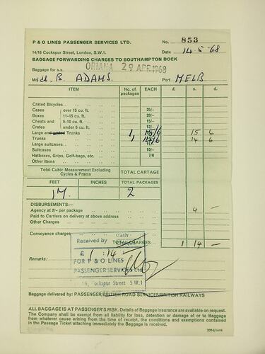 HT 54713, Baggage Check Receipt - Issued to B Adams, SS Oriana, 14 May 1968 (MIGRATION), Document, Registered