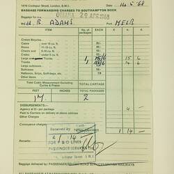 Baggage Check Receipt - Issued to B Adams, SS Oriana, 14 May 1968