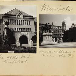 Two black and white photos on off-white page. Handwritten text in pencil. Features hospital facade and statue