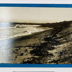 Large rectangular black and white photo of shore line with blue border.