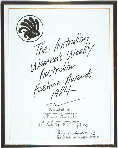 Framed Award - Australian Fashion Awards, 1987