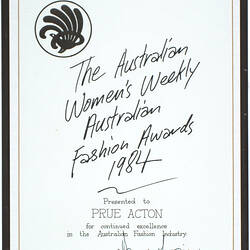 Certificate - Continued Excellence, Australian Women's Weekly Fashion Awards, Prue Acton, Framed, 1984