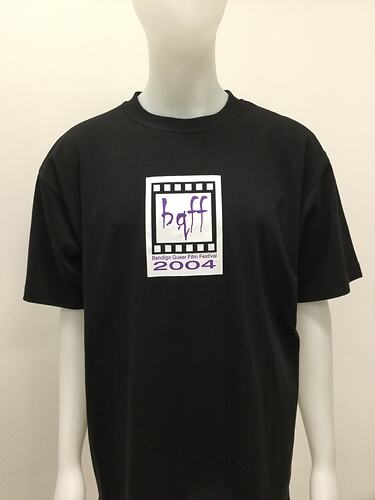 Black t-shirt with white square logo on front, on mannequin.