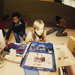 Digital Photograph - Debbie Programming LEGO, Sunrise School, Melbourne Museum, Russell Street, 1989