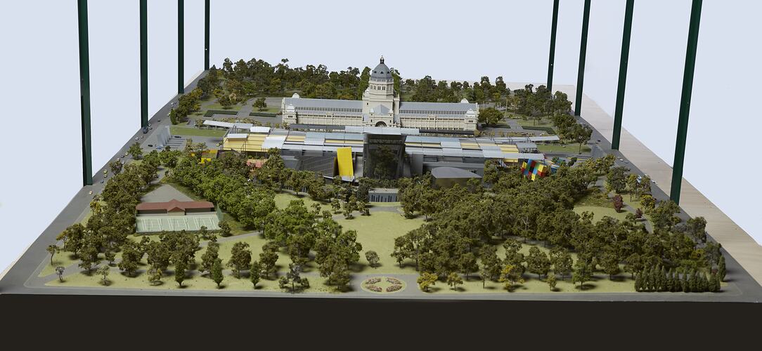 Model of Melbourne Museum, Royal Exhibition Building and Carlton Gardens. View from north.