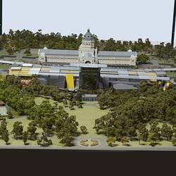Model of Melbourne Museum, Royal Exhibition Building and Carlton Gardens. View from north.