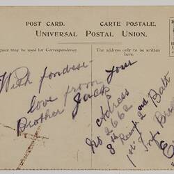 Back of postcard with printing and handwriting.