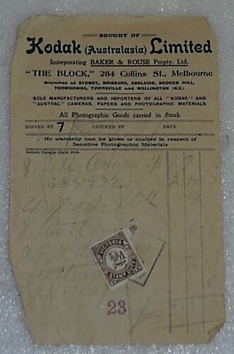 Receipt - Kodak Australasia Limited, Block Arcade, Melbourne, 1911-1920