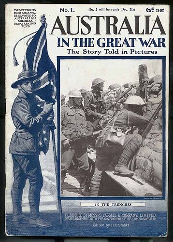 Cover with trench photograph, man, flag and text.