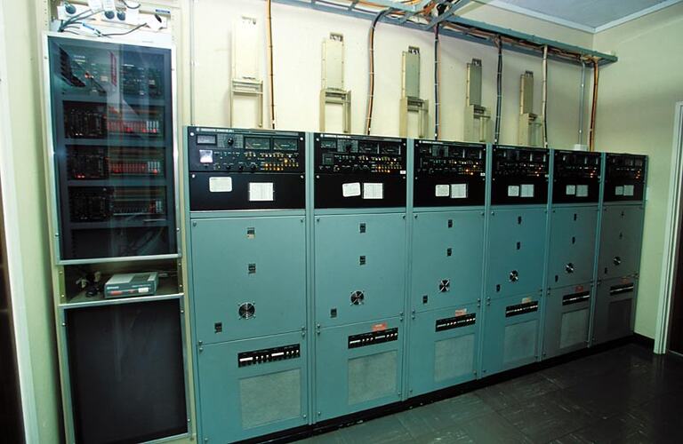Remote control panel and six ATS-1 transmitters. Melbourne Coastal Radio Station, Cape Schanck, Victoria