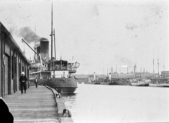 [A steamship at Queens Wharf, Yarra River, Melbourne, about 1900.]