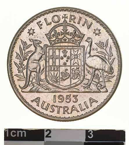 Proof Coin - Florin (2 Shillings), Specimen Strike, Australia, 1953, photographed by Museums Victoria