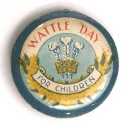 Badge with pale blue background, golden wattle and three white feathers and crown in centre, text surrounding.