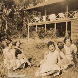 Digital Photograph - Girls sitting in Front Garden, Holiday House, Belgrave, 1930-1939
