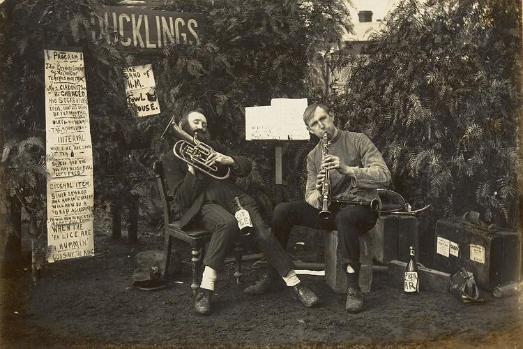 Digital Photograph - 'The Calithumpian Band', Two Men Pose with Clarinet & Euphonium and Beer Bottles, Backyard, Brunswick, circa 1913