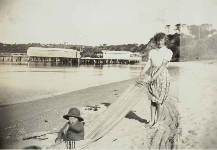 Digital Photograph - Woman & Boy at Mornington Beach, 1947