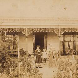Digital Photograph - Man, Woman, Child & Dog in Front Garden of Family Home, Auburn, 1894