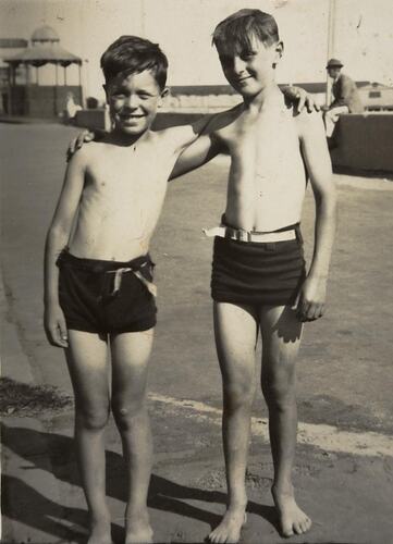 Digital Photograph - Two Boys in Swimming Costumes on Esplanade near Beach, circa 1949