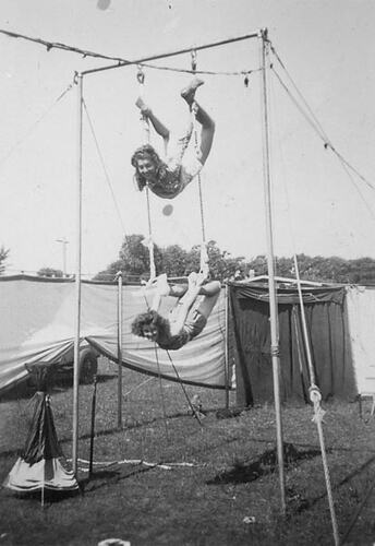Digital Photograph - Holden Brothers Circus, Two Girls Hanging Upside Down on Trapeze, Inverloch, late 1940s