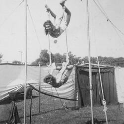 Digital Photograph - Holden Brothers Circus, Two Girls Hanging Upside Down on Trapeze, Inverloch, late 1940s