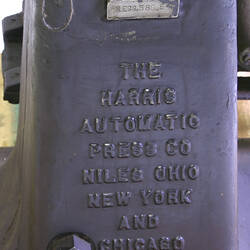 Manufacturer's plate of Harris Envelope Printing Press