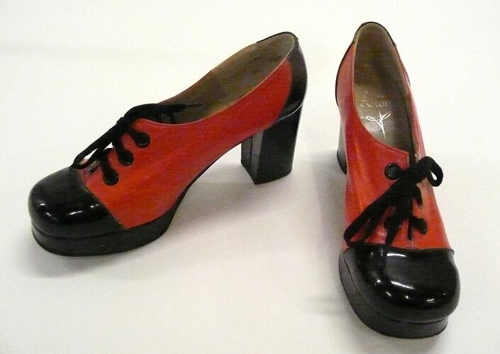 Shoes - Prue Acton, Margaret Style, Red Leather and Black Patent Leather, Early 1970s