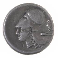 Round silver coin with head of Athena wearing a Corinthian helmet, facing left. In field behind a cock on a cl