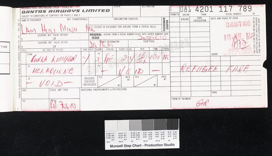 Qantas airlines ticket, July 1978, Kuala Lumpur to Melbourne
