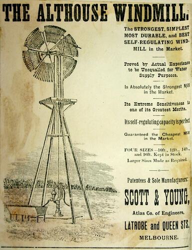 Advertisement - Scott & Young, Atlas Company of Engineers, 'The Althouse Windmill', 1887
