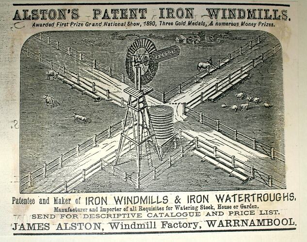 Advertisement - James Alston, 'Alston's Patent Iron Windmills', 1894