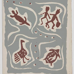 Greeting Card - Shields, Human Figures & Animals, Silver & Brown, No. A0085, circa 1949-1955