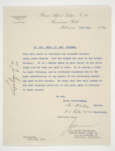 Letter - Introduction for Letho Sigalas, Prince Alfred Lodge, 22 May 1939