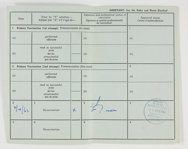 Certificate of Vaccination - Smallpox, Doreen Myerscough, 1963