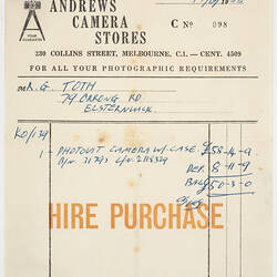 Receipt - Issued to G Toth, Andrews Camera Stores, 17 Jun 1958