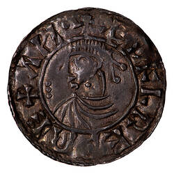 Coin, round, a diademed bust of the King with three beads at left, text around.