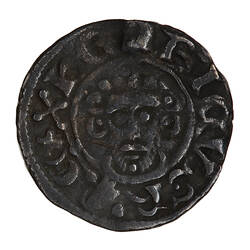 Coin, round, a crowned bust of the King facing within a line circle, holding a sceptre outside the circle.