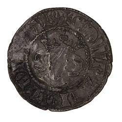 Coin, round, crowned bust of the King facing; text around.