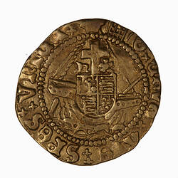 Coin, round, ship with crucifix mast from which hangs a shield quartered with the arms of England and France.