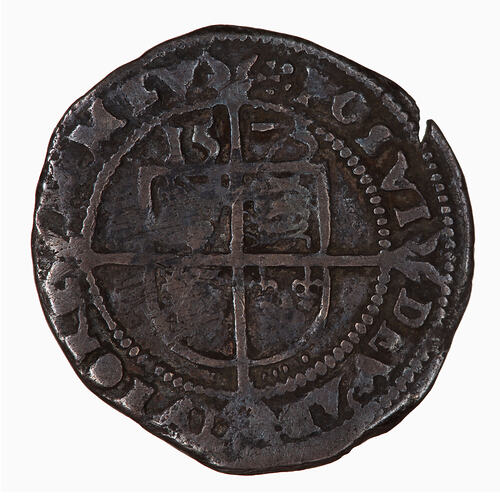 Coin, round, within beaded circle, cross fourchee quartered with the arms of France and England.