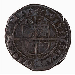 Coin, round, within beaded circle, cross fourchee quartered with the arms of France and England.