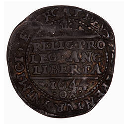 Coin, round, at centre within a beaded circle, a plume with lis on either side; text below and around.