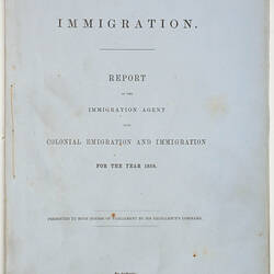 Victorian Parliamentary Paper - 'Immigration', 1858