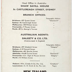 Sailing Schedule - SS Southern Cross, Shaw Savill Line, 1959-60