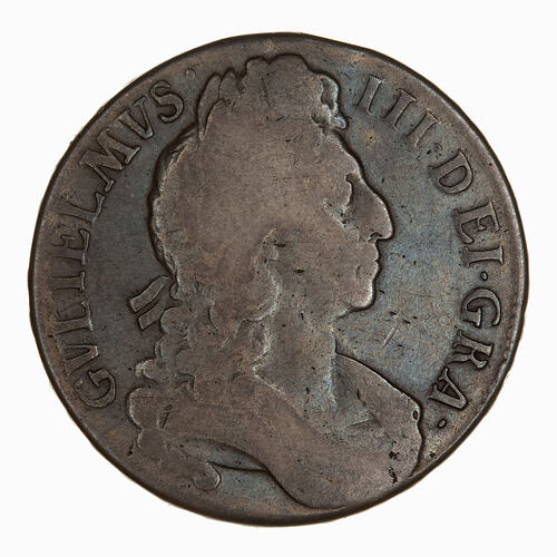 Coin - Crown 5 Shillings, William III, Great Britain, 1696 (Obverse)