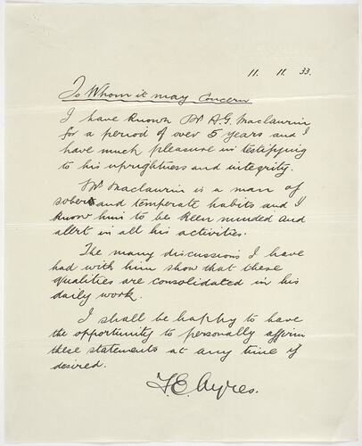Letter - for AG Maclaurin, from FE Ayres, 11th November 1933