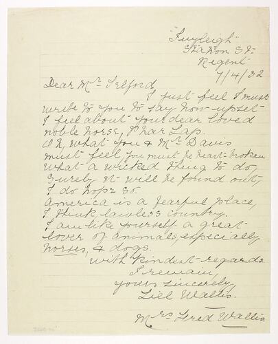 Letter - Wallis to Telford, Phar Lap's Death, 07 Apr 1932